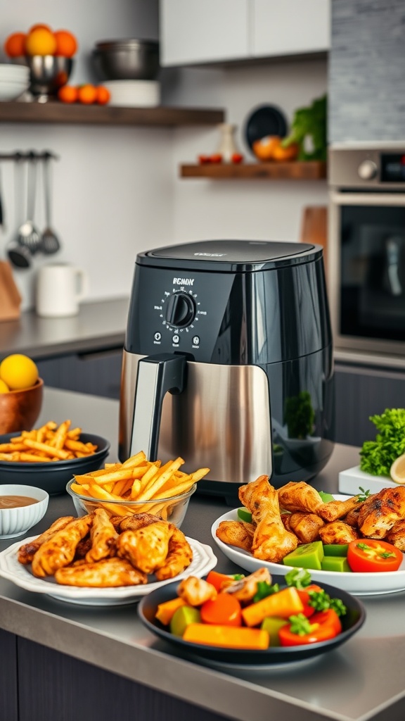 A modern air fryer with plates of crispy fries, chicken wings, and roasted vegetables on a kitchen counter.